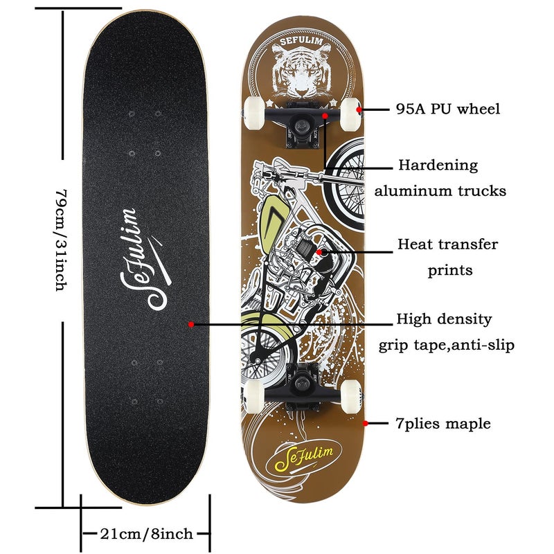 Sefulim 31 x 8 Inch Complete Skateboard 7 Layer Canadian Maple Double Kick Deck Concave Cruiser Trick Skateboard for Boys Girls Teens Adults Beginner (Motorcycle) - Image 2